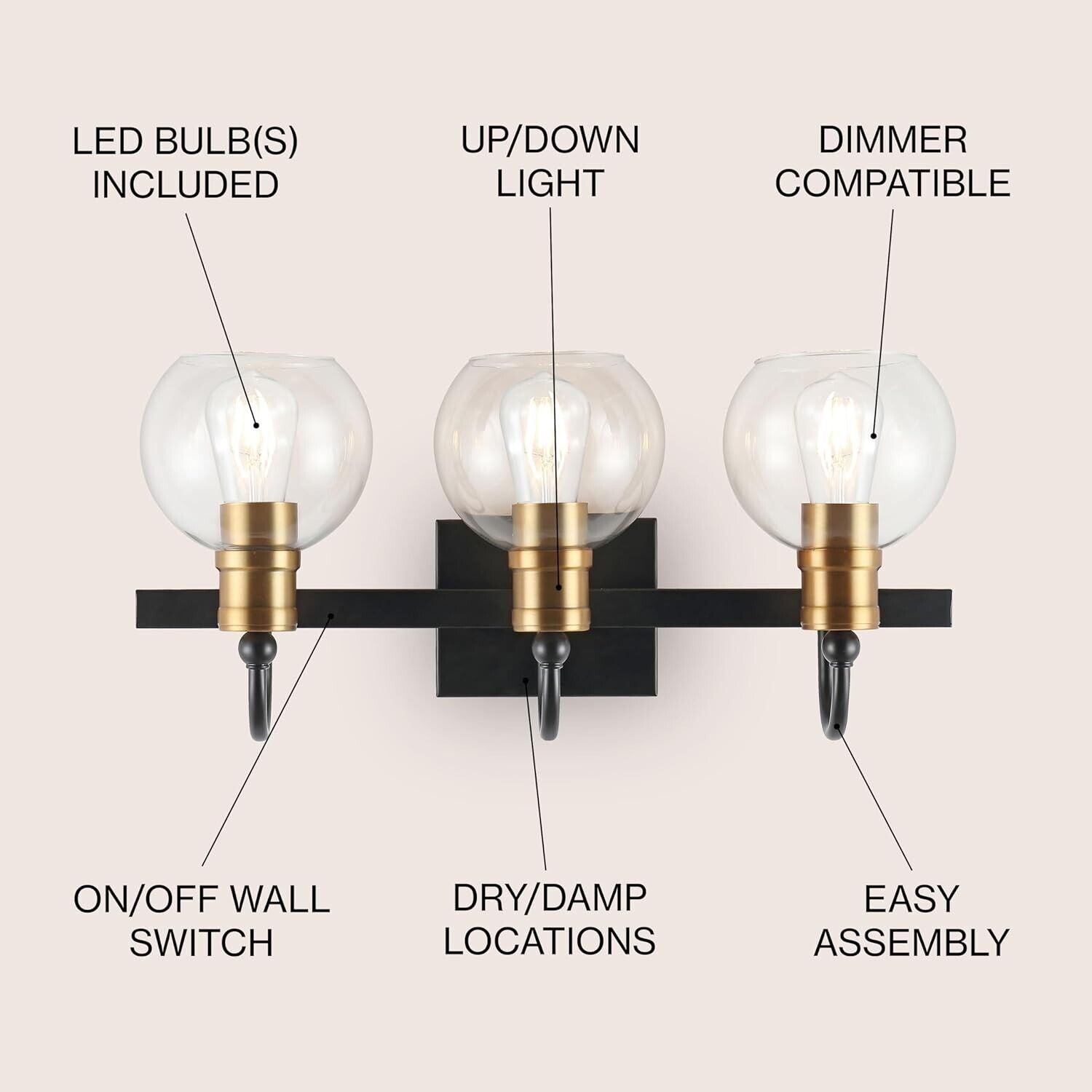 JONATHAN Y JYL3528A Marais 21.5" 3-Light Iron/Glass Rustic Vintage LED Vanity - Like New