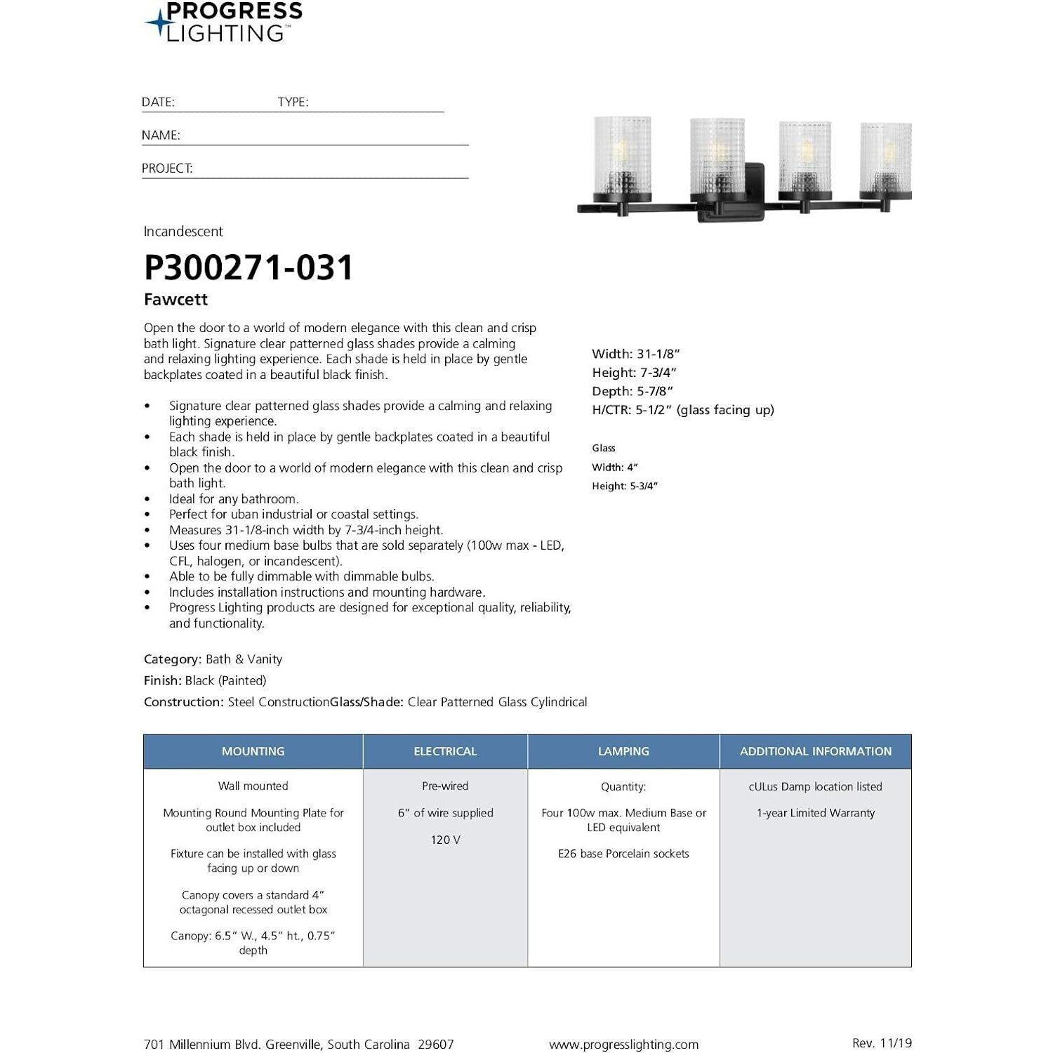 Progress Lighting P300271 Fawcett 4 Light 31"W Bathroom Vanity - Black