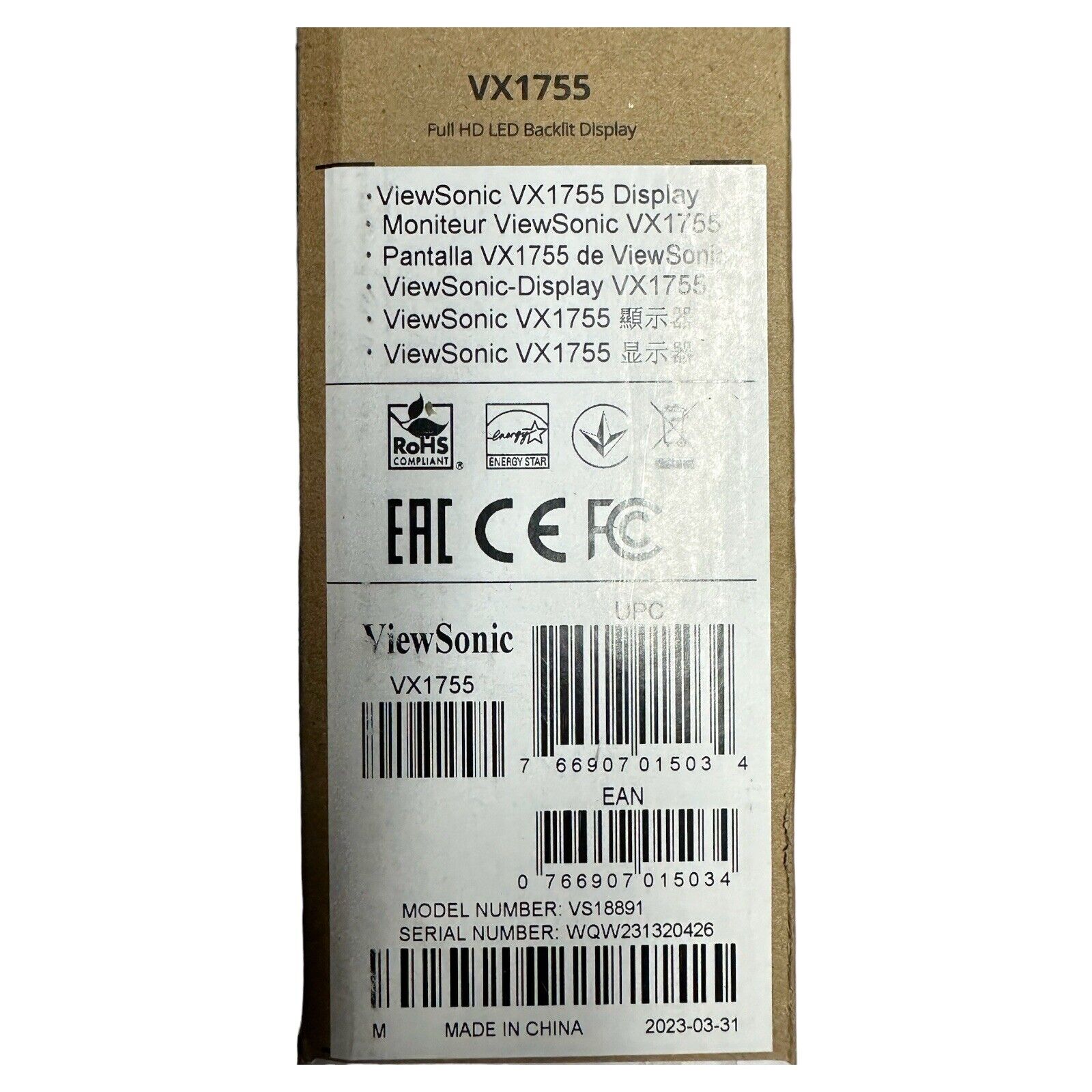 ViewSonic Portable Gaming IPS Monitor AMD FreeSync VX1755 17" 1080p 144Hz, USB-C - Very Good