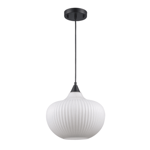 Home Decorators Pompton 1-Light Black Pendant Light Ribbed White Glass New - Like New