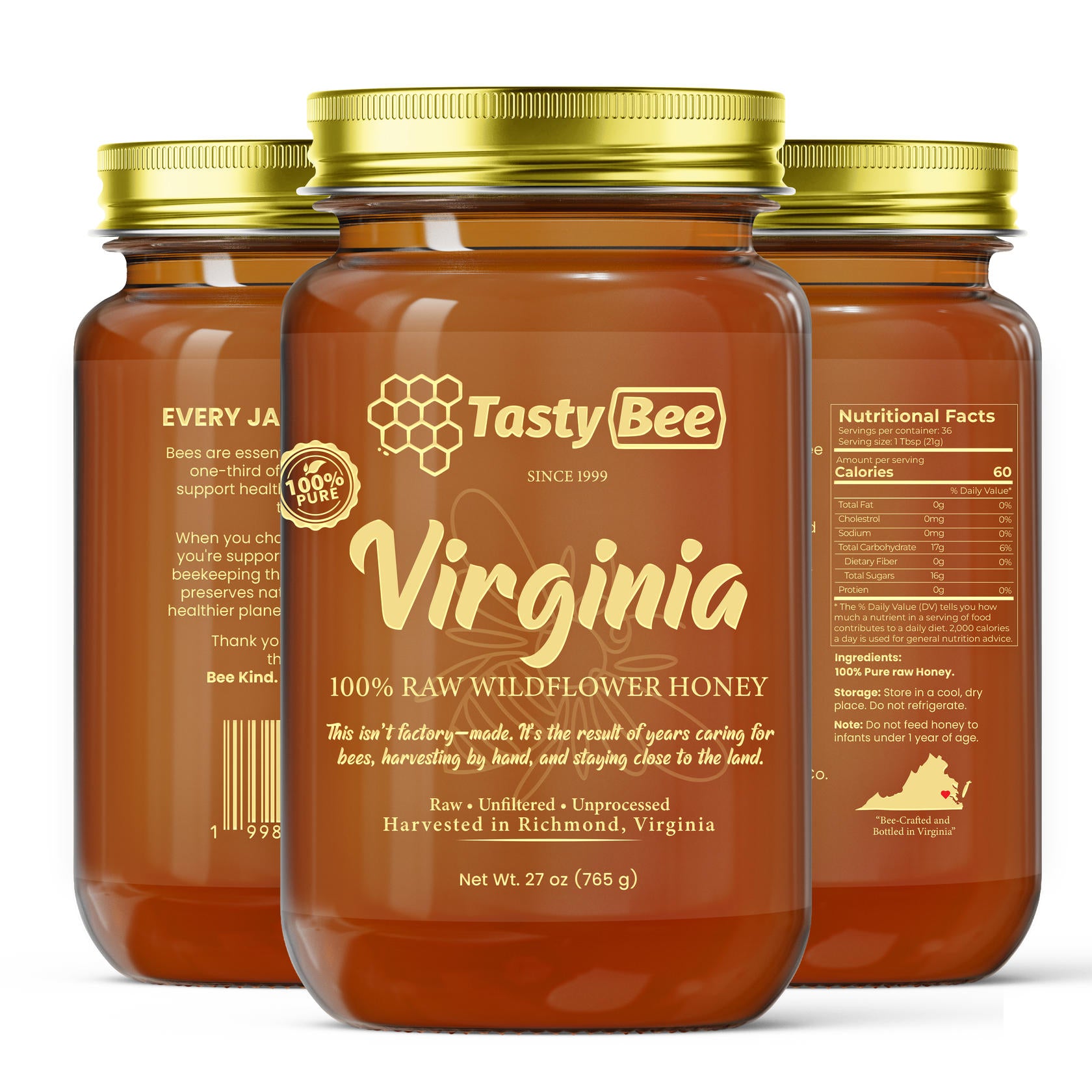 TastyBee 100% Raw Wildflower Honey – Pure, Unfiltered Local Virginia Honey – Hand Harvested, No Additives – Natural Sweetener for Tea, Coffee, Toast, Waffles, Pancakes and More – 27 Oz