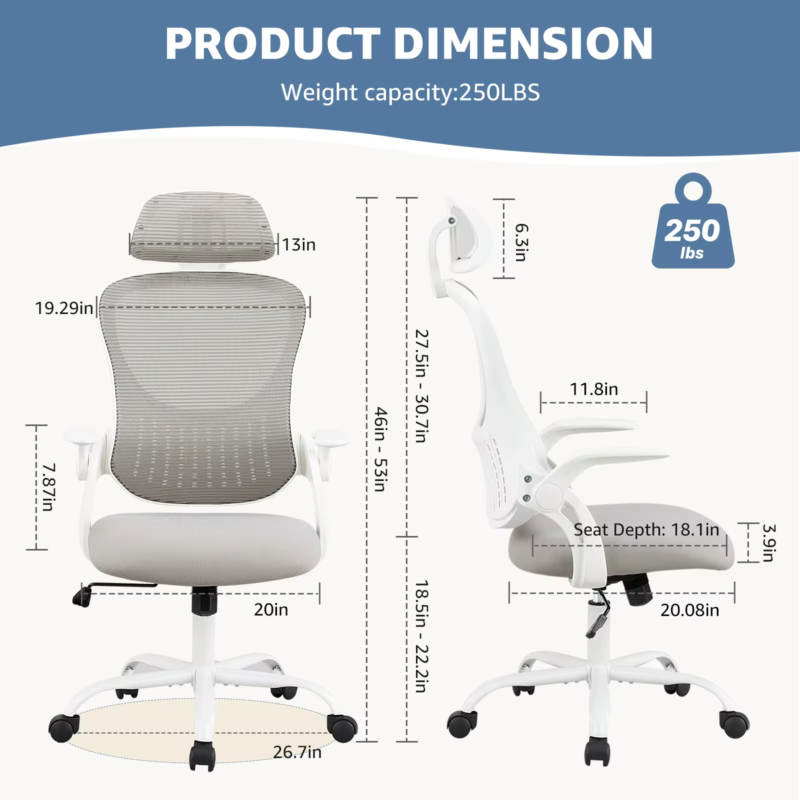 Ergonomic Mesh Office Chair, Adjustable Headrest, Flip-Up Arms, Lumbar Support