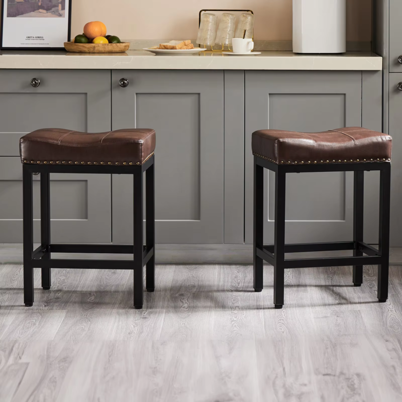 PU Leather Bar Stools, Saddle-Style Upholstered Chair, Counter Height, Set Of 2