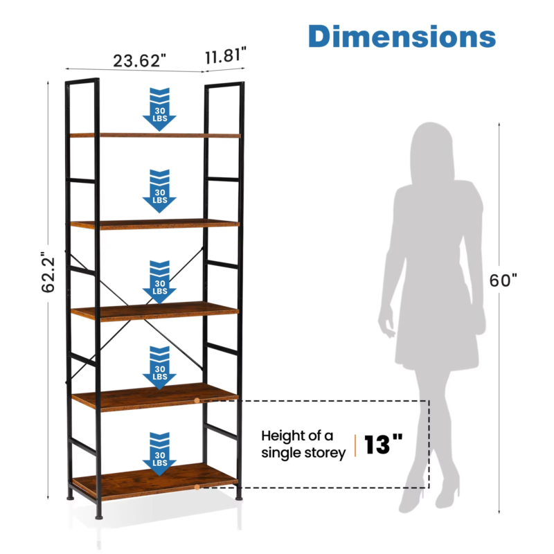 5 Tier Bookcase, Modern Bookshelf, Corner Storage Organizer for Bedroom, Office