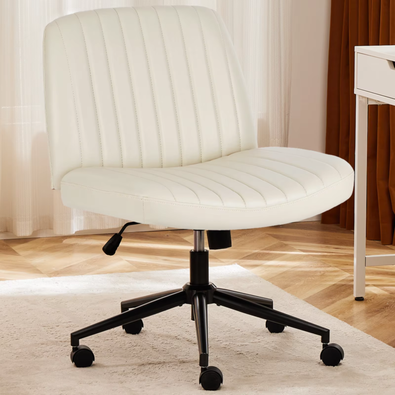Armless Cross Office Chair with Wheels, PU Leather, Swivel, Adjustable Height