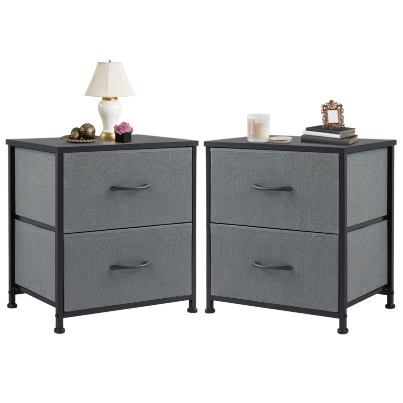 2 Drawers Dresser Beside Table with Metal Frame and Wood Top, Storage Cabinet for Living Room