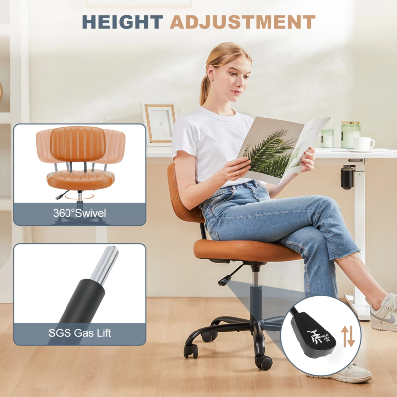 PU Leather Armless Office Desk Chair, Lumbar Support, Height Adjustable, Swivel