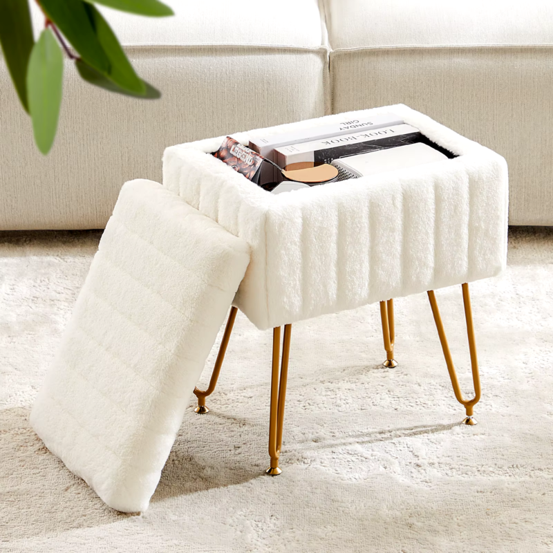 Faux Fur Living Room Stools & Ottomans, Hidden Storage, Padded, Adjustable Feet