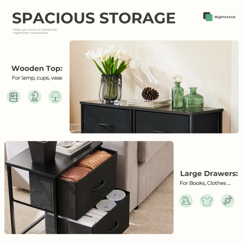 Living Room Cabinet, Fabric Drawers, Nightstand Table, Closet Storage, Set of 2