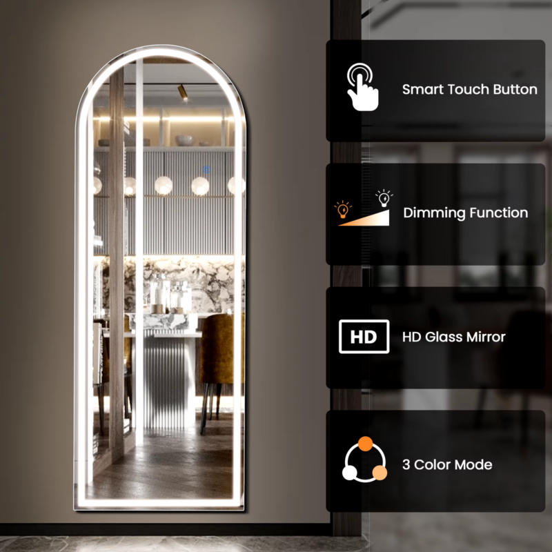 LED Dimming Full Length Mirror, 3-Color Lighting, Aluminum Frame, Floor & Wall