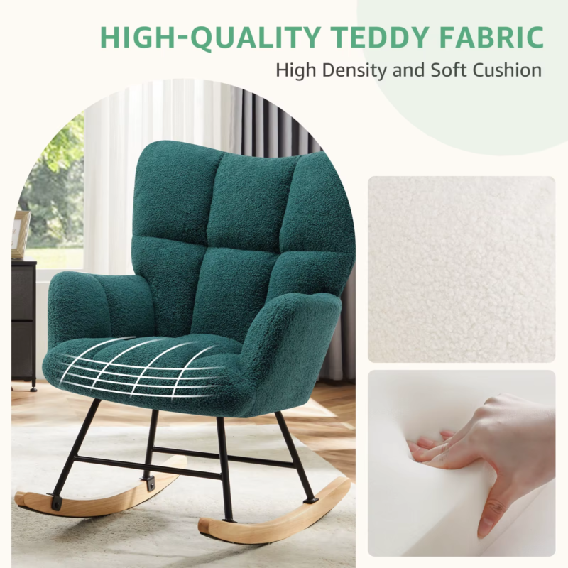 Teddy Fabric Upholstered Glider, High Backrest, Padded Seat, Rocker Armchair
