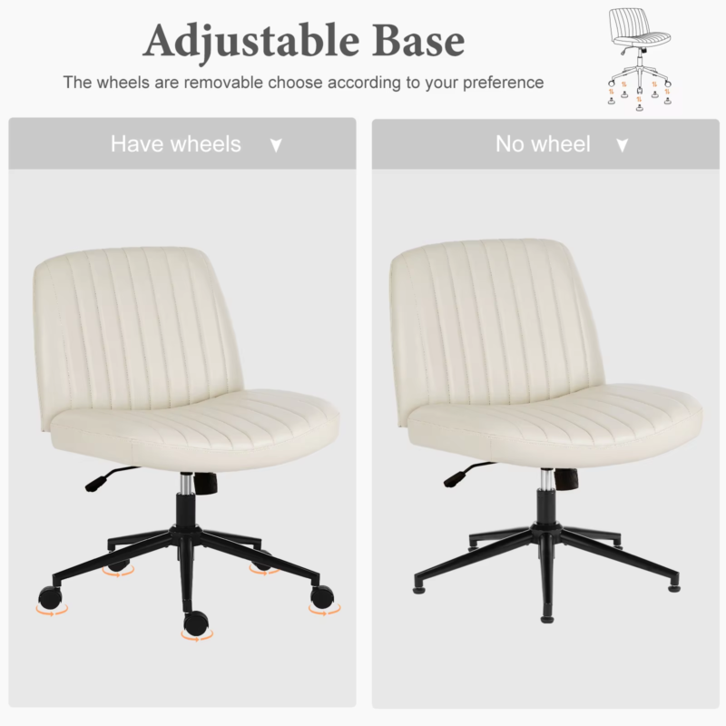 Armless Cross Office Chair with Wheels, PU Leather, Swivel, Adjustable Height