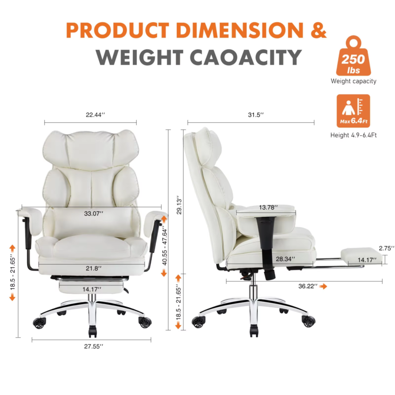 High Back Reclining Desk Chair, Big & Tall PU Leather Task Chair with Footrest
