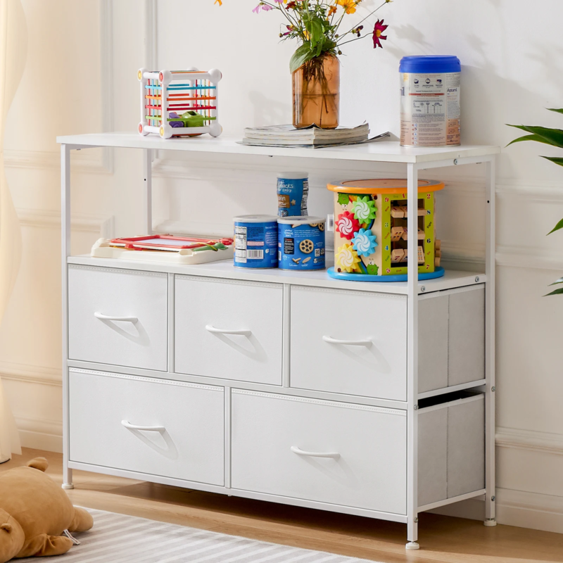 Fireplace TV Stand Dresser for Bedroom With 5 Fabric Drawers, Storage Cabinet