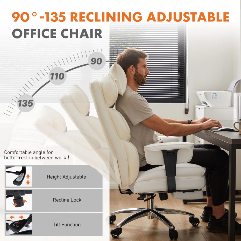 High Back Reclining Desk Chair, Big & Tall PU Leather Task Chair with Footrest