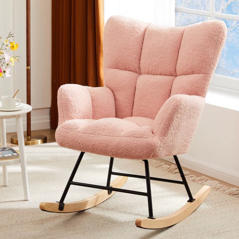 Teddy Fabric Upholstered Glider, High Backrest, Padded Seat, Rocker Armchair