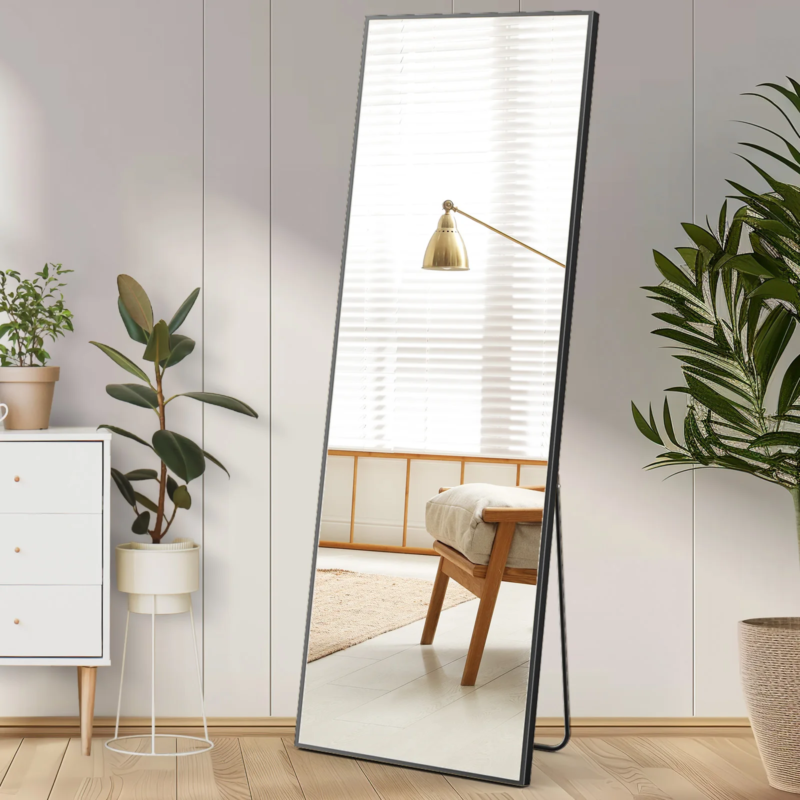 Full Body Wall Mirror with Stand, Hanging or Wall-Mounted, Aluminum Alloy Frame