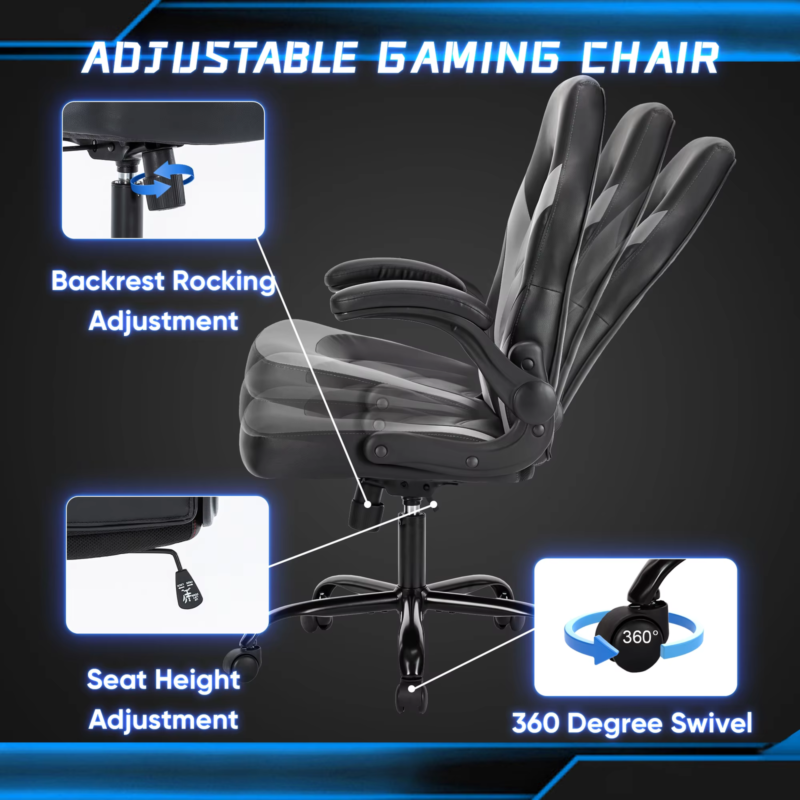 Ergonomic Gaming Chair For Home & Office, Adjustable PU Leather, Flip-Up Armrest