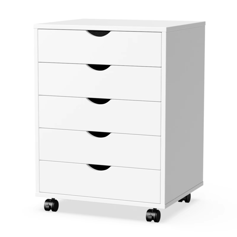 5-Drawer Wood Nightstand Cabinet, Storage File Organizer with Rotating Wheels