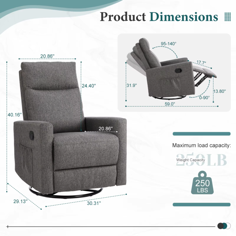 Rotating Recliner Chair with Oversized Foot, Swivel Rocker Glider, Nursery Sofa