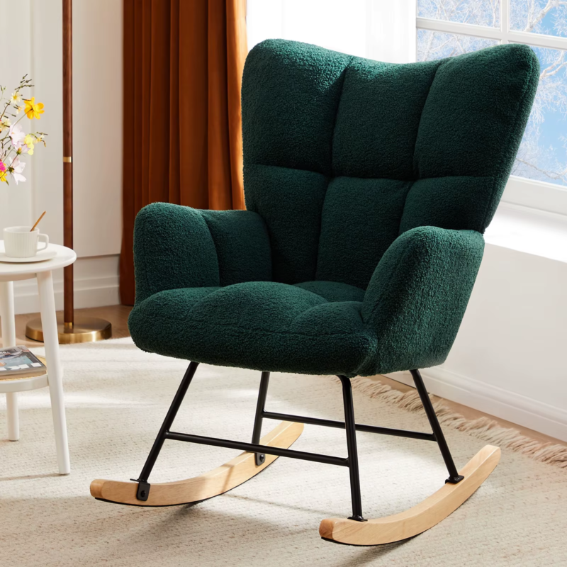 Teddy Fabric Upholstered Glider, High Backrest, Padded Seat, Rocker Armchair