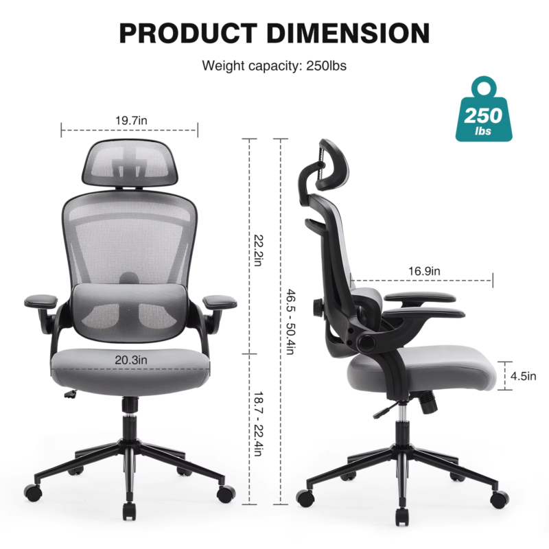 Ergonomic Mesh Office Chair, Adjustable Lumbar Support, 120° Tilt, Flip-Up Arms