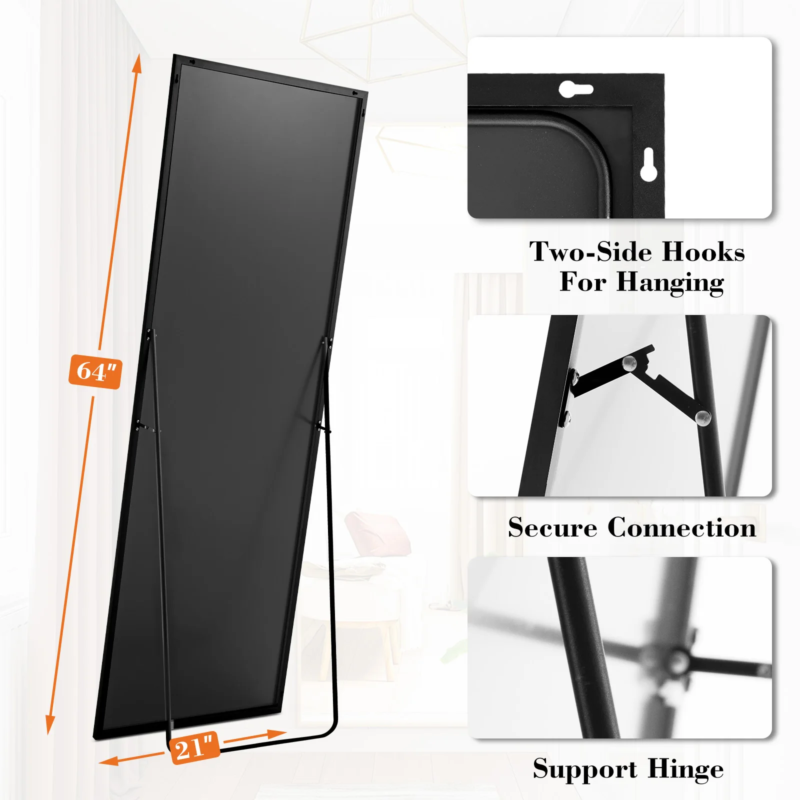 Full Body Wall Mirror, Standing, Hanging, Leaning, Aluminum Frame - 64 in x 21in