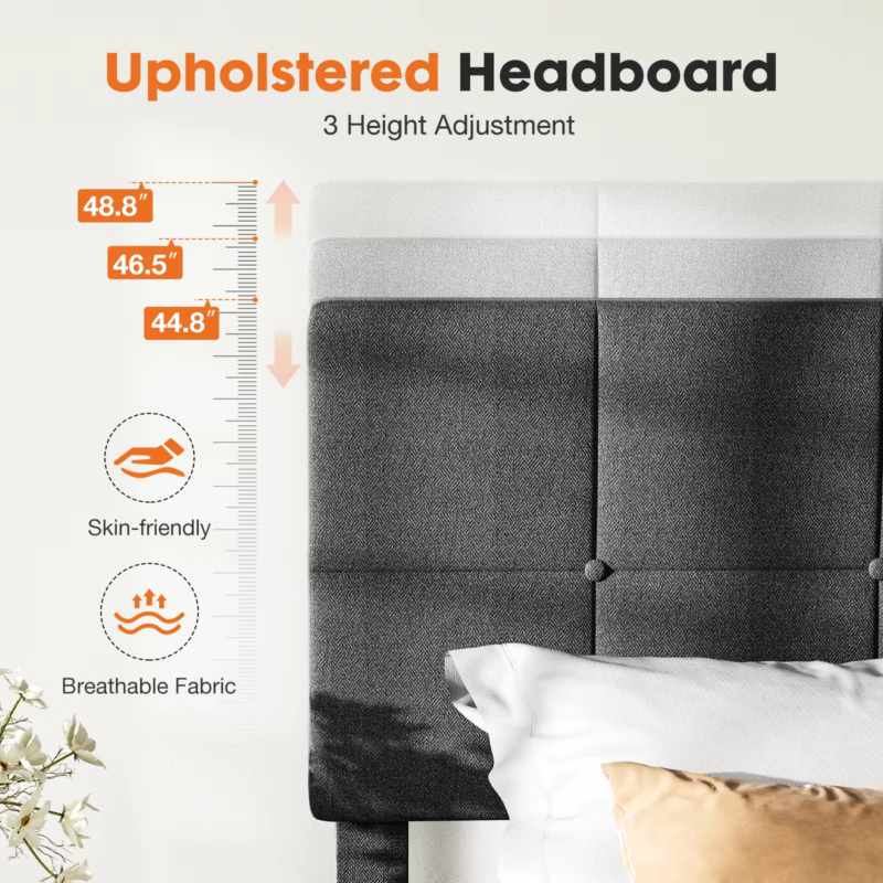 Bed Frame with Headboard, Upholstered Platform, Wood Slats, No Box Spring Needed