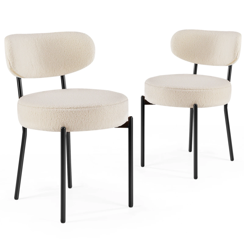 Ergonomic Dining Chairs, Plush Fabric with Curved Backrest and Metal Legs, 2 Pack