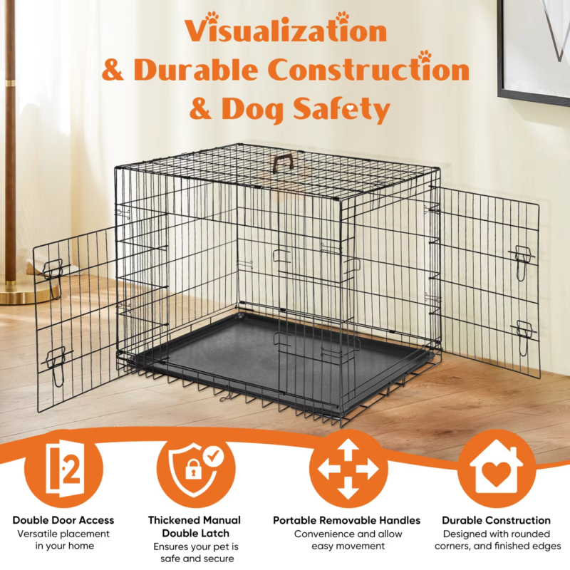 Double Door Metal Wire Dog Cage, Leak-Proof Tray, XL Kennel for Indoor & Outdoor