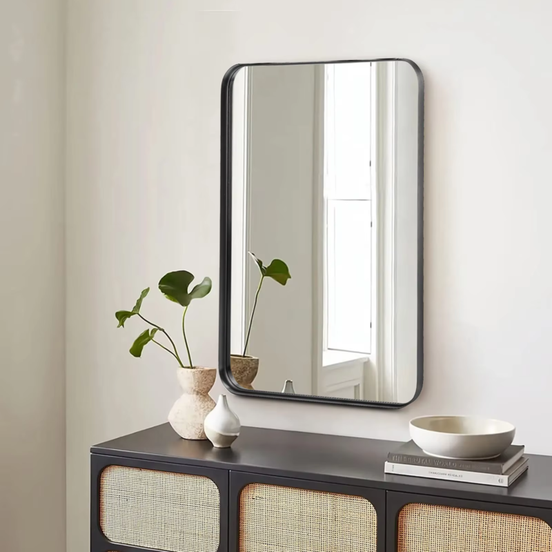 Large Rectangle Vanity Mirror, Matte Metal Frame, Modern Tempered Glass