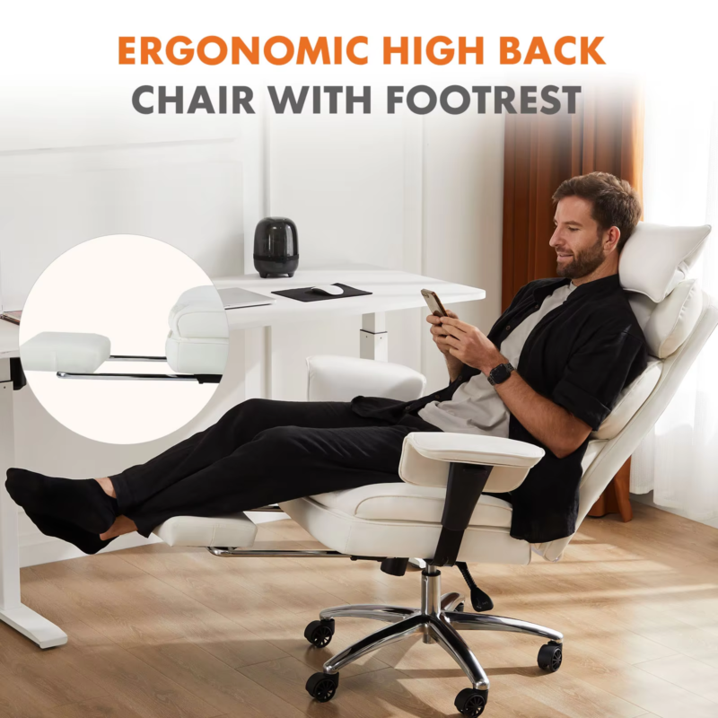 High Back Reclining Desk Chair, Big & Tall PU Leather Task Chair with Footrest