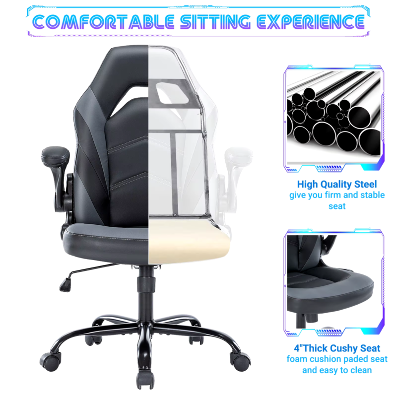 Ergonomic Gaming Chair For Home & Office, Adjustable PU Leather, Flip-Up Armrest