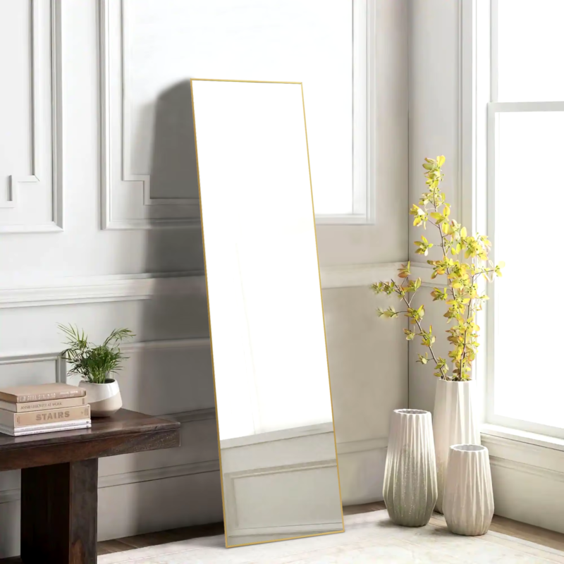 Full Body Wall Mirror with Stand, Hanging or Wall-Mounted, Aluminum Alloy Frame