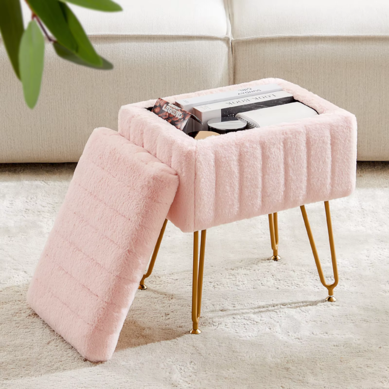 Faux Fur Living Room Stools & Ottomans, Hidden Storage, Padded, Adjustable Feet