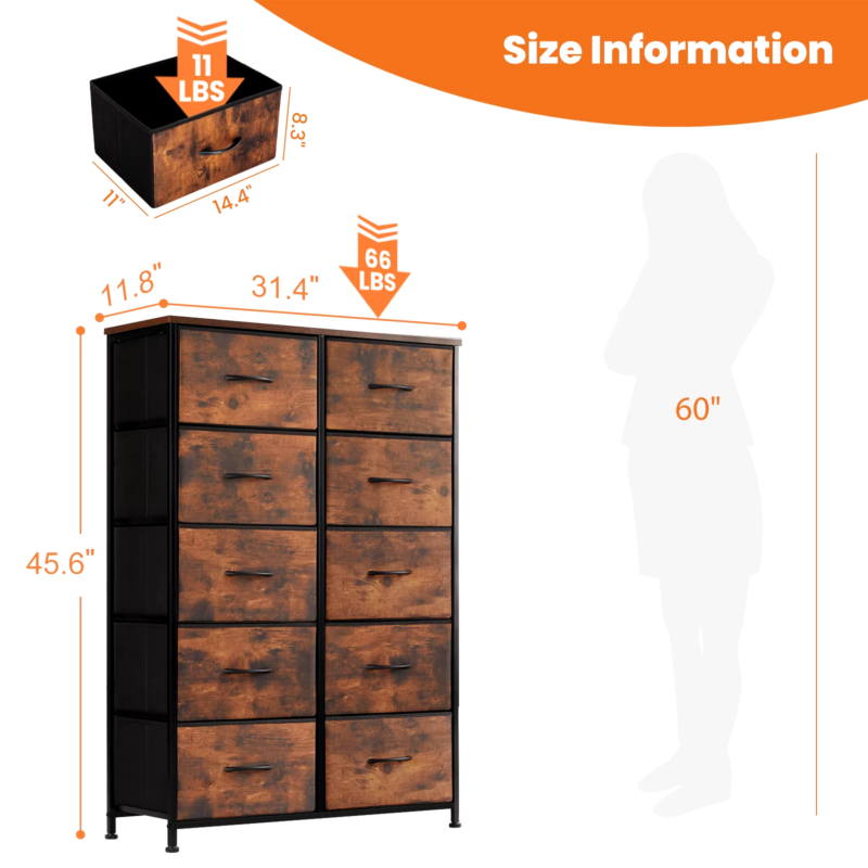 10 Fabric Drawers, Bedside Table, Steel Frame Closet, Storage Cabinet, Furniture