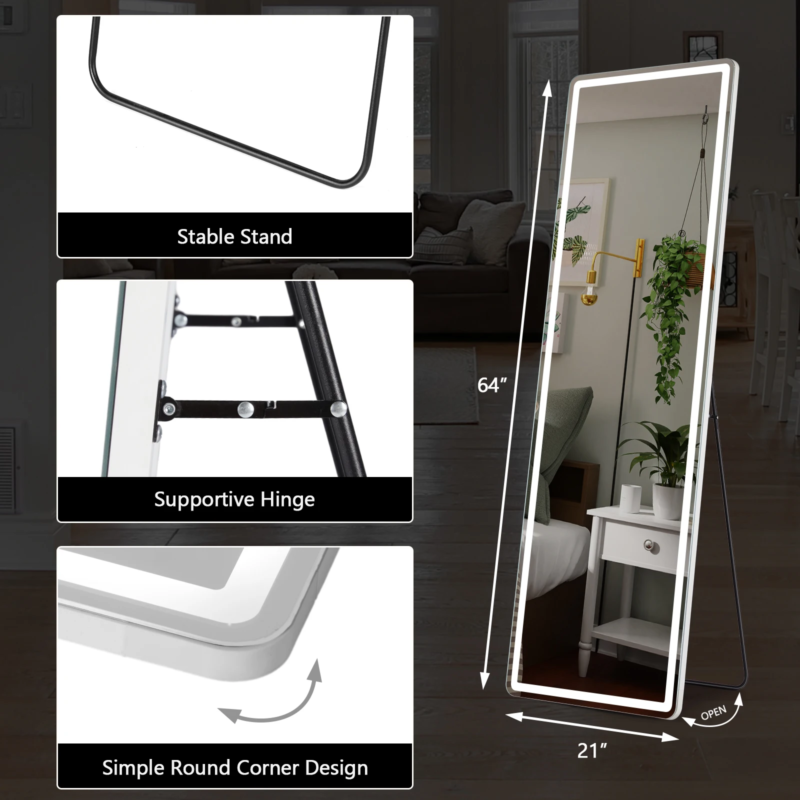LED Full-Length Mirror, Standing, Hanging, Wall-Mounted, Aluminum Frame, 64" x 21"