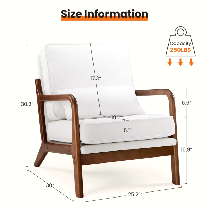 Modern Accent Mid-Century Chair, Upholstered Rocker with Wood Frame and Pillow- Rice White
