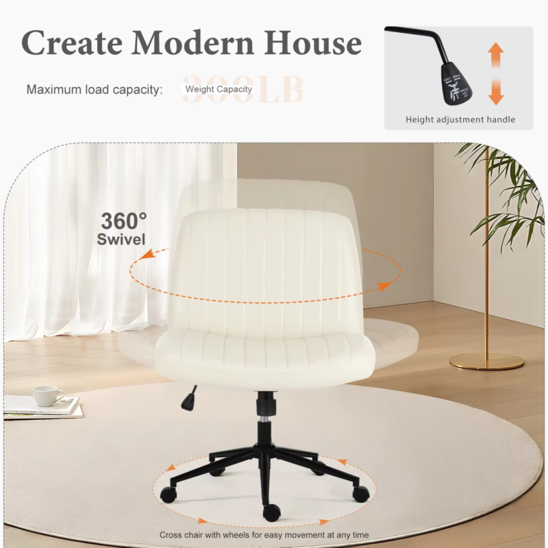 Armless Cross Office Chair with Wheels, PU Leather, Swivel, Adjustable Height