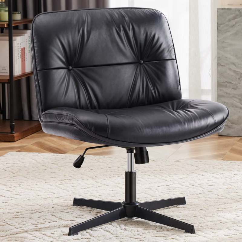 PU Leather Cross Legged Office Chair, Armless Desk Chair, Adjustable Swivel Base