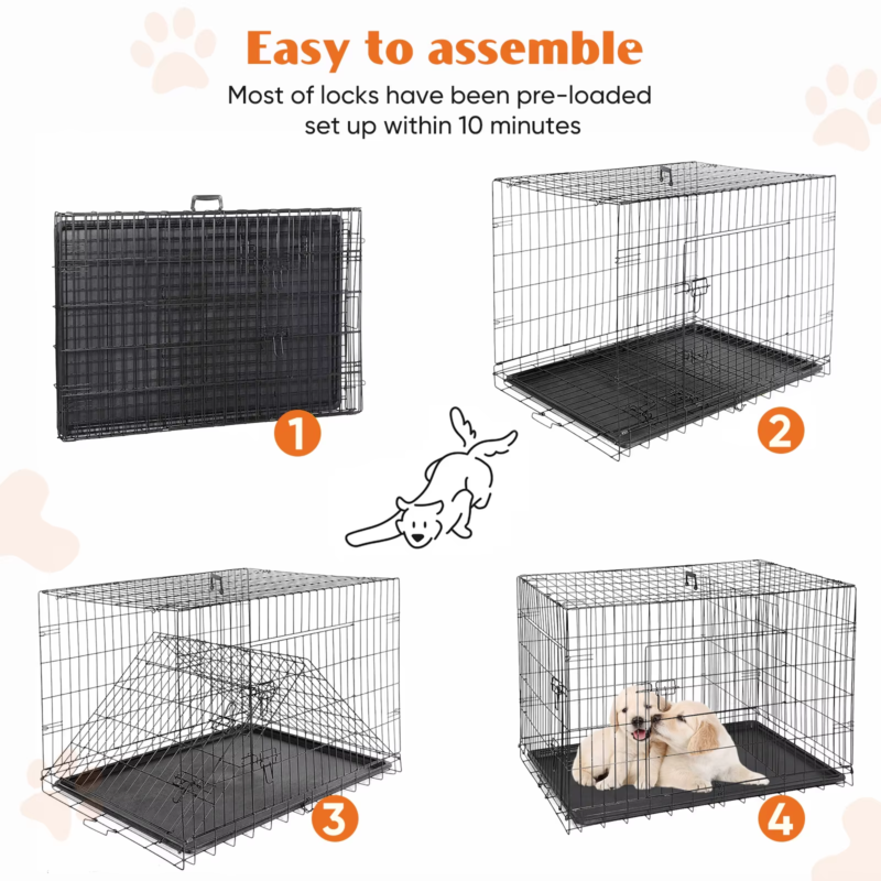 Double Door Metal Wire Dog Cage, Leak-Proof Tray, XL Kennel for Indoor & Outdoor