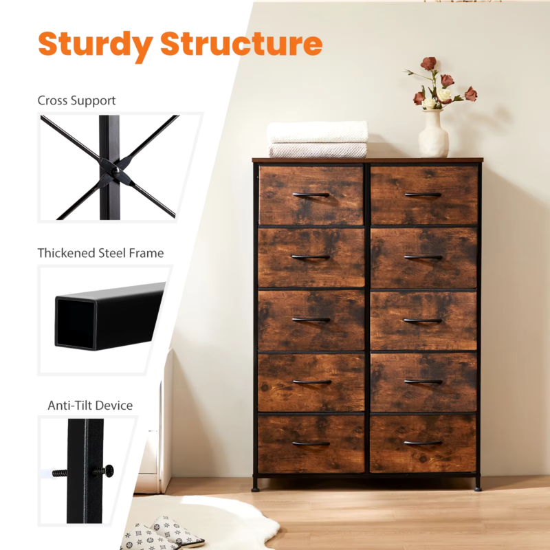 10 Fabric Drawers, Bedside Table, Steel Frame Closet, Storage Cabinet, Furniture