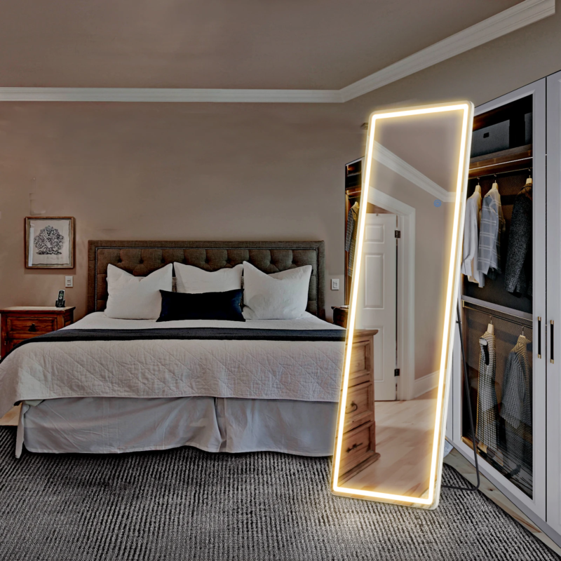 LED Full-Length Mirror, Standing, Hanging, Wall-Mounted, Aluminum Frame, 64" x 21"