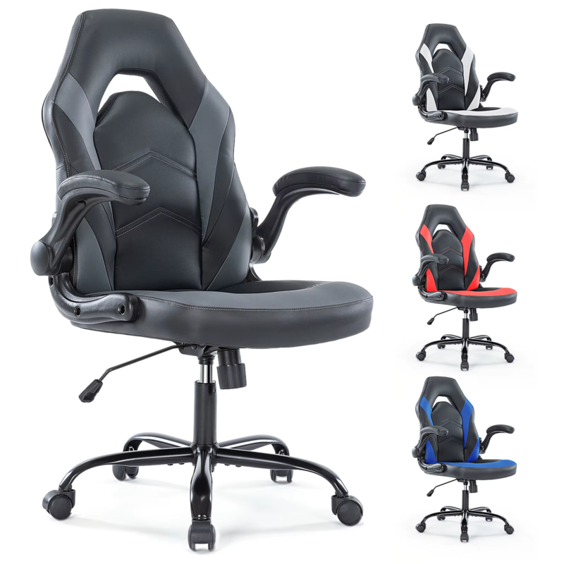 Ergonomic Gaming Chair For Home & Office, Adjustable PU Leather, Flip-Up Armrest