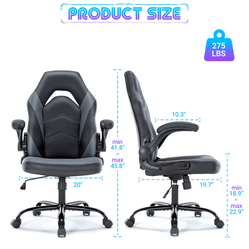 Ergonomic Gaming Chair For Home & Office, Adjustable PU Leather, Flip-Up Armrest