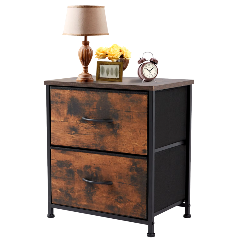 2 Drawers Dresser Beside Table with Metal Frame and Wood Top, Storage Cabinet for Living Room