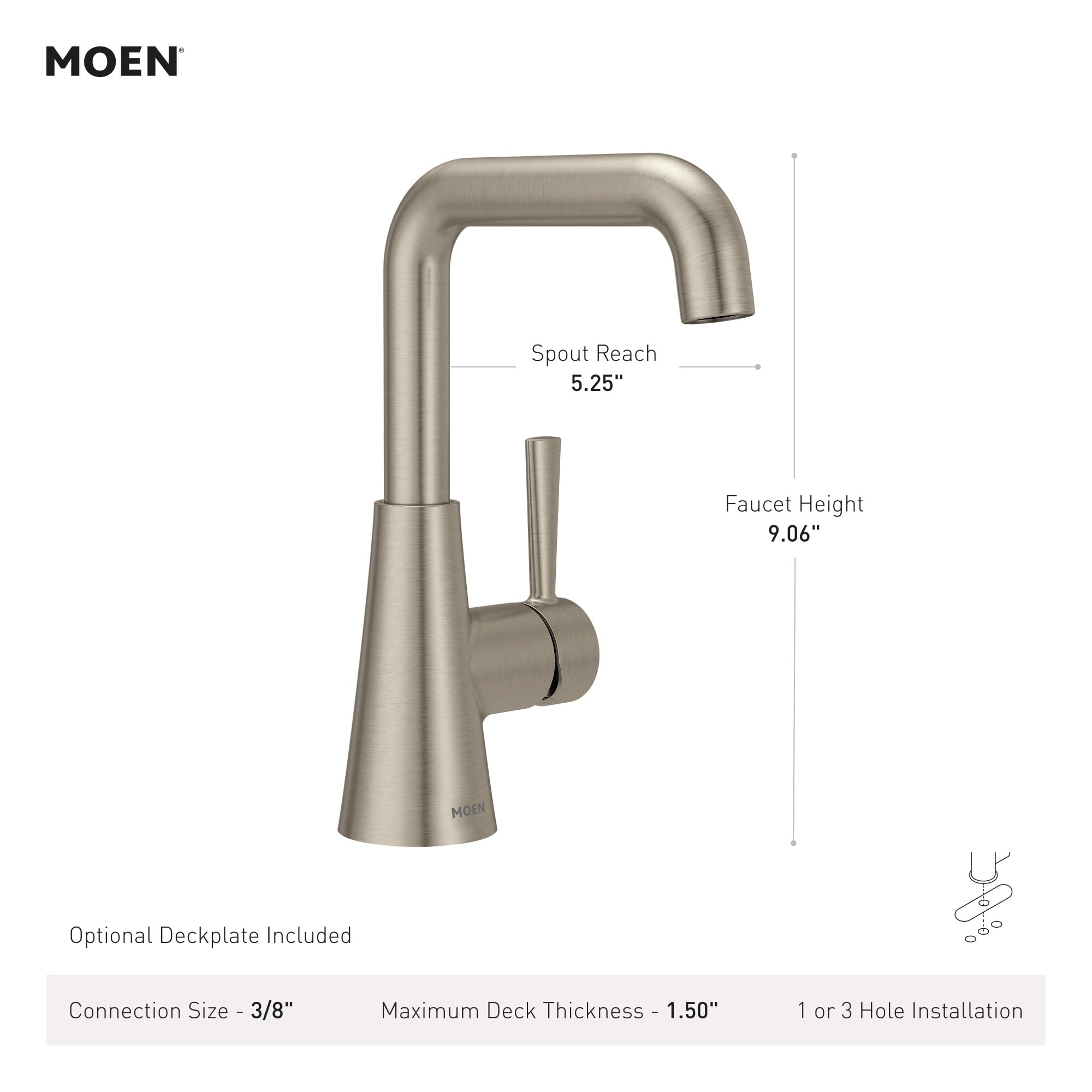 MOEN Ronan 84024SRN One-Handle Bathroom Sink Faucet in Spot Resist Brushed Nickel (Drain Included)