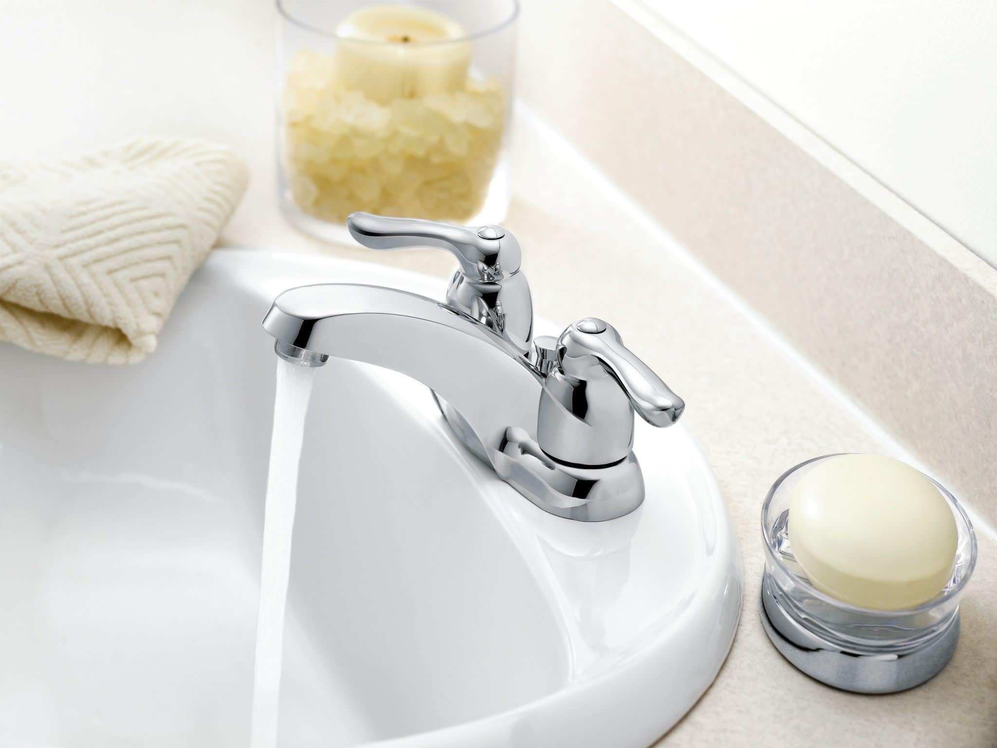 MOEN Chateau 4925 Two-Handle Low Arc Bathroom Sink Faucet in Chrome (Drain Included)