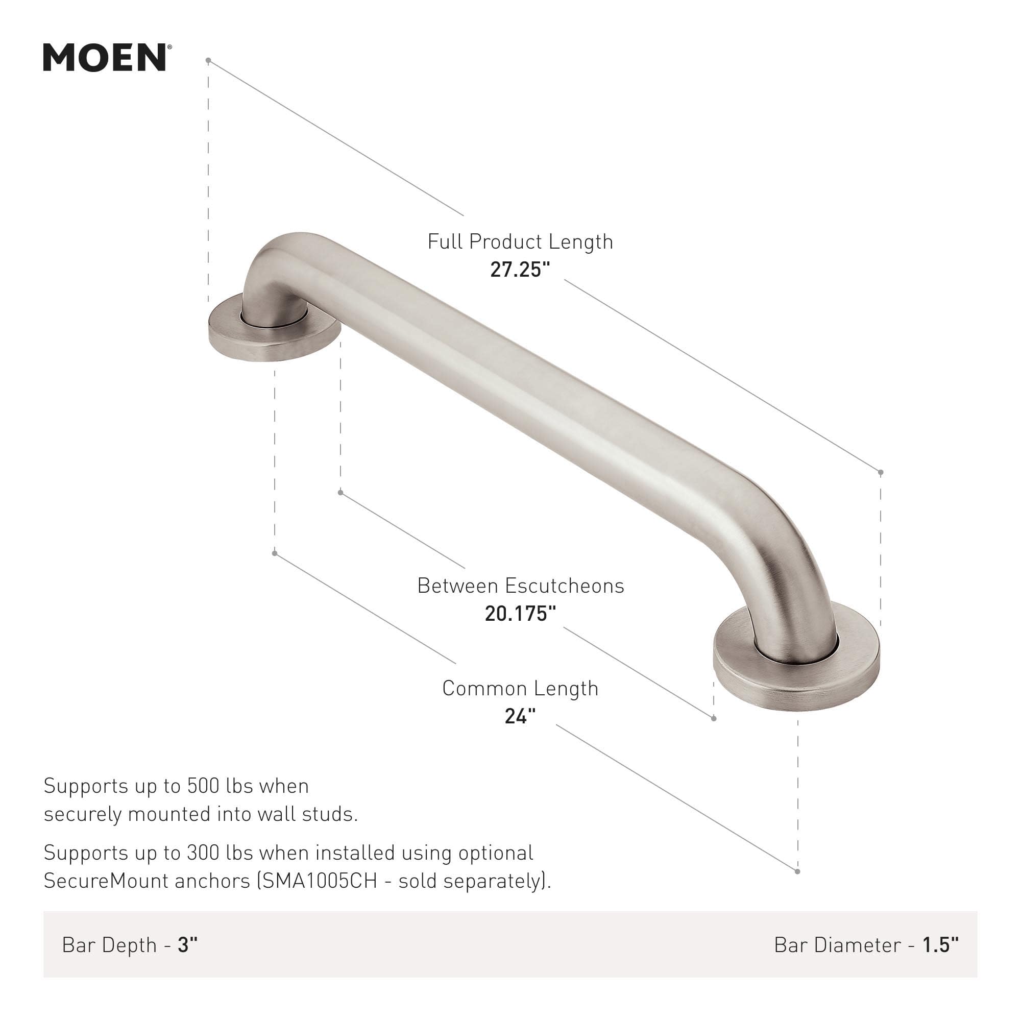 Moen Polished Stainless Bathroom Safety 24-Inch Shower Grab Bar with Concealed Screws for Handicapped or Elderly, R8924