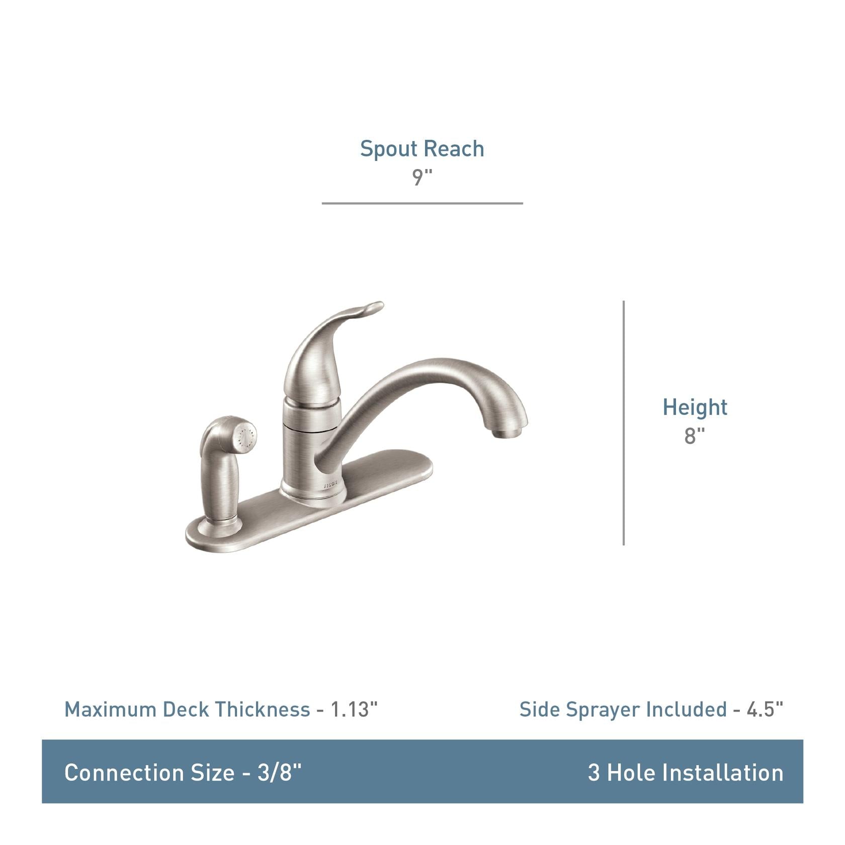 MOEN Torrance CA87484SRS Single-Handle Low-Arc Standard Kitchen Faucet with Side Sprayer on Deck in Spot Resist Stainless